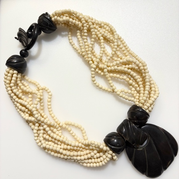 Vintage Gerda Lynggaard Bone Bead Multi-strand Ivory Dark Brown Black Necklace - Picture 16 of 16